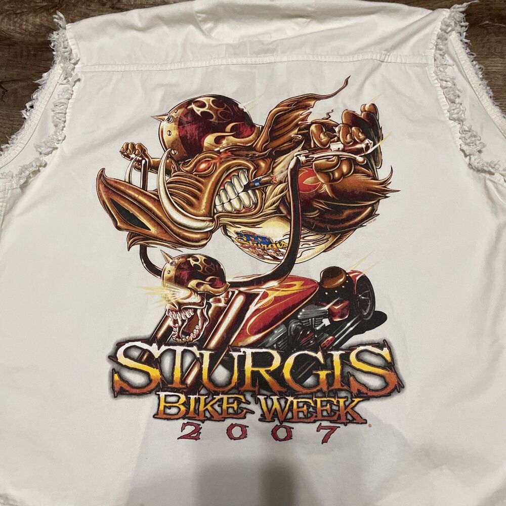 Sturgis Bike Week 2007 Sleeveless Frayed Button Down Sz XXL biker Motorcycle Hog